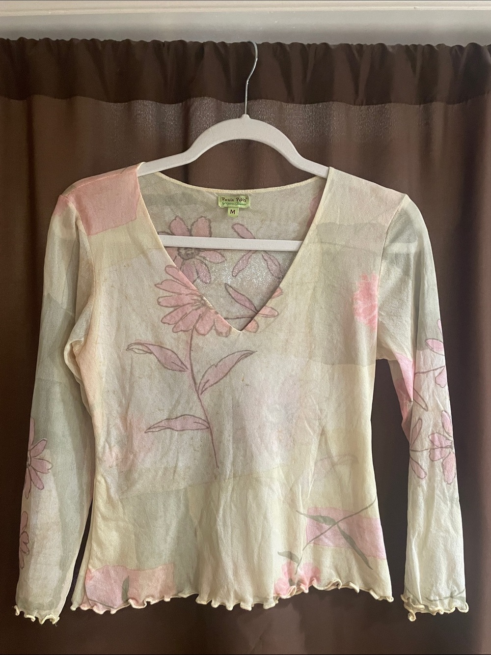 Petit Pois Boho Floral V-Neck Long Sleeve Top — Pink and Cream